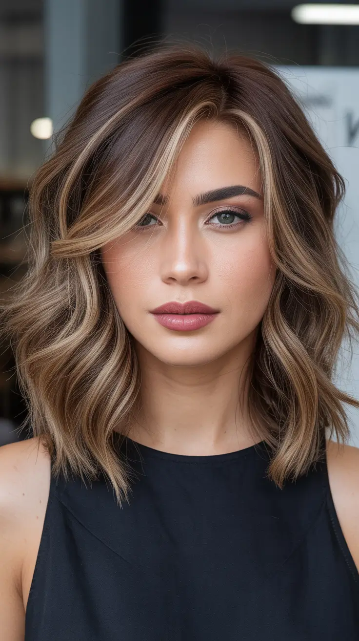 Medium Haircuts Winter 2025-2026 Honey Bronde Waves with Soft Part