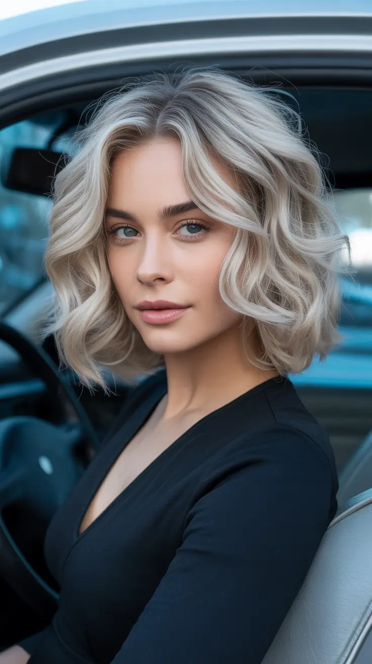 Medium Haircuts Winter 2025-2026 Icy Blonde Bob with Effortless Waves