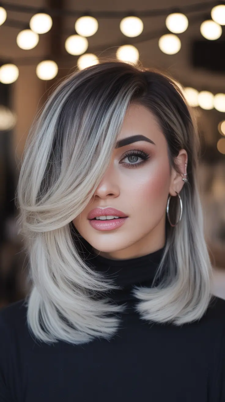 Medium Haircuts Winter 2025-2026 Silver Ombre Lob with Statement Edge