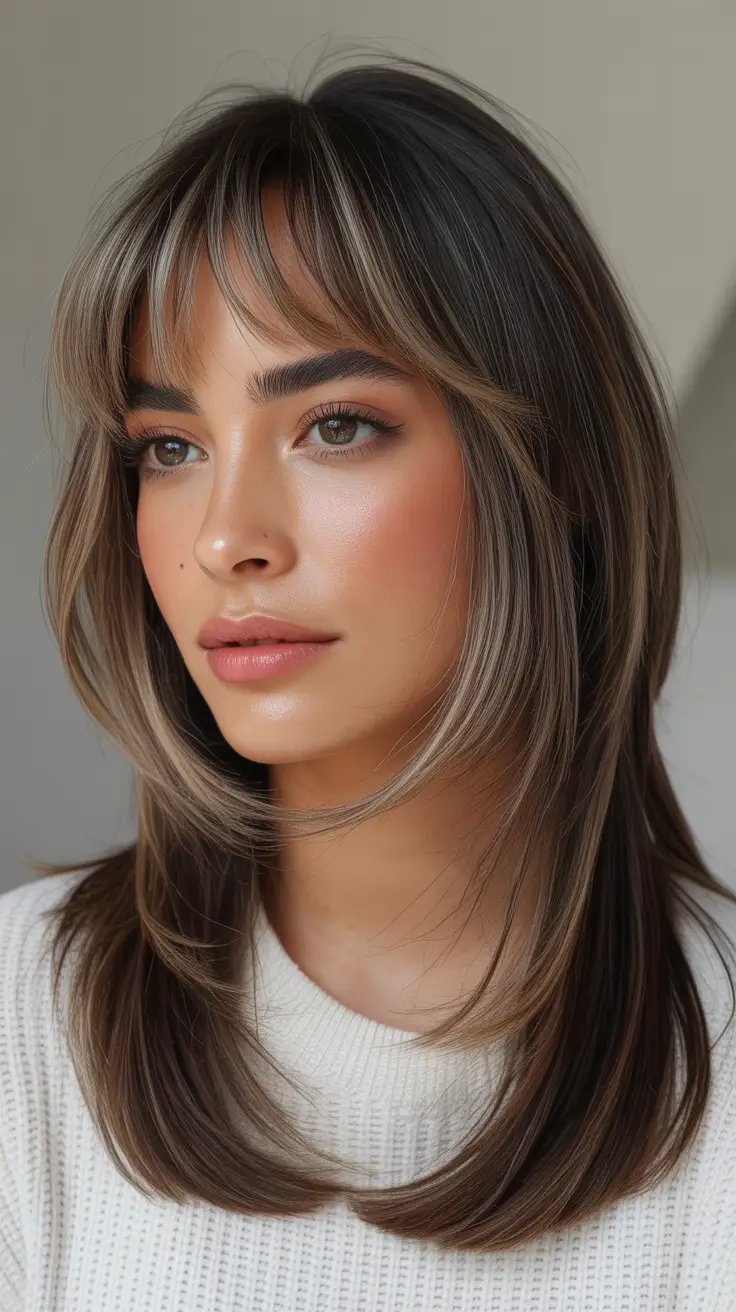 Medium Haircuts Winter 2025-2026 Ash Mocha Layers with Wispy Bangs