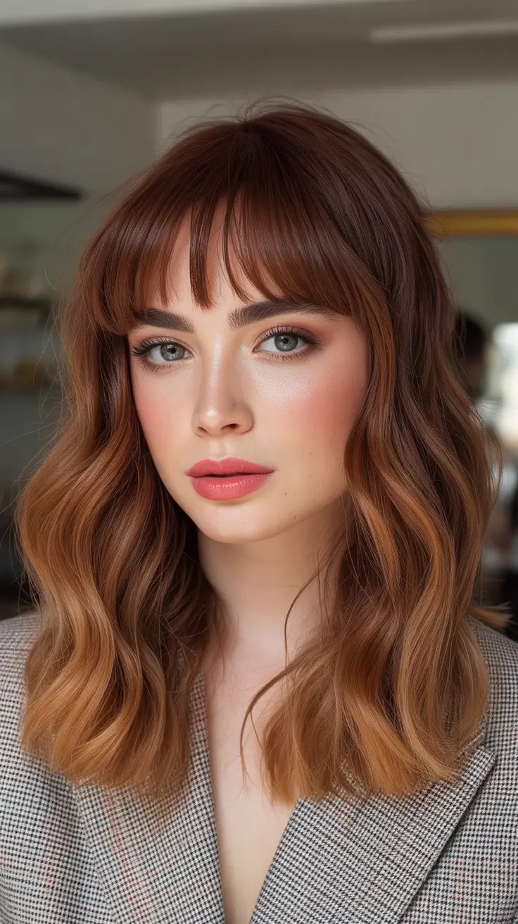 Medium Haircuts Winter 2025-2026 Copper Glow Medium Cut with Soft Bangs