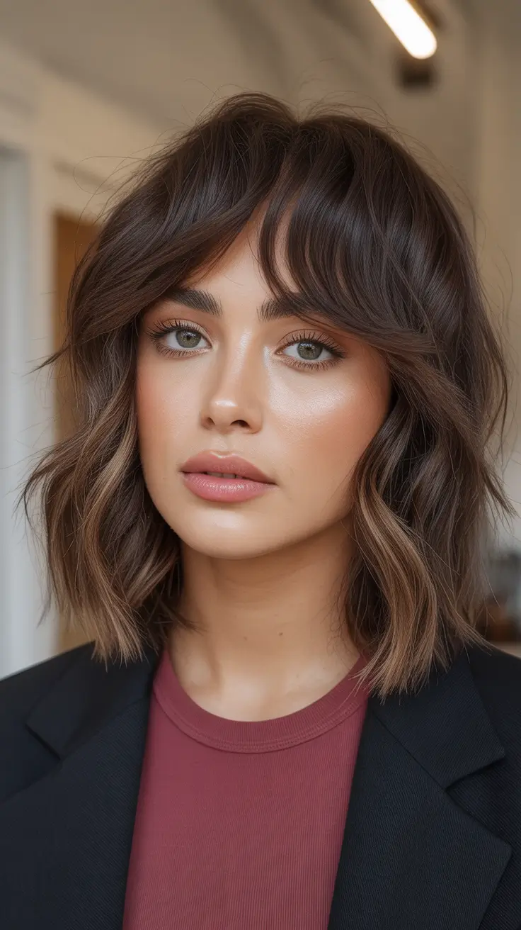 Medium Haircuts Winter 2025-2026 Soft Chocolate Waves with Tousled Fringe