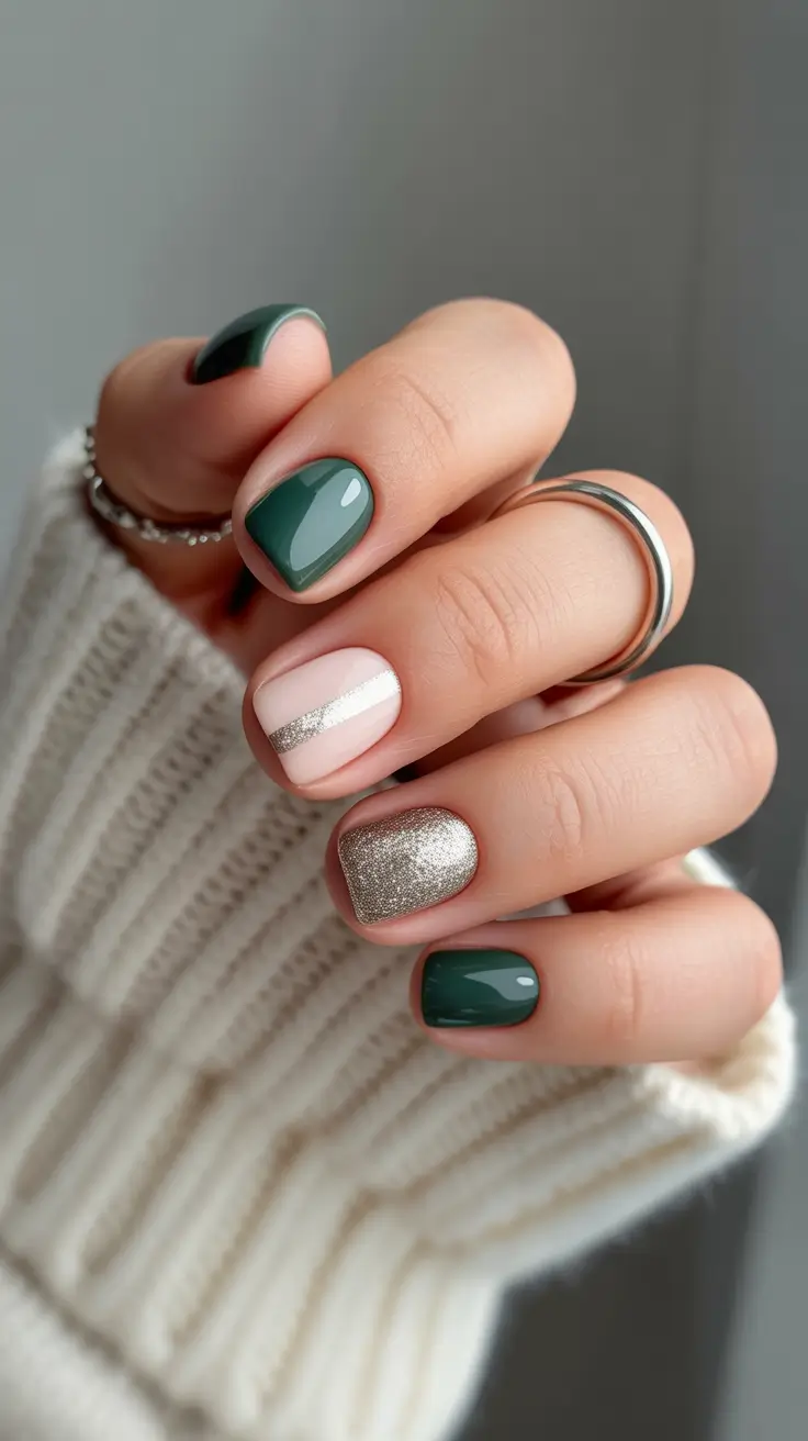 Winter Acrylic Nails 2025–2026 Deep Green Elegance with a Touch of Champagne