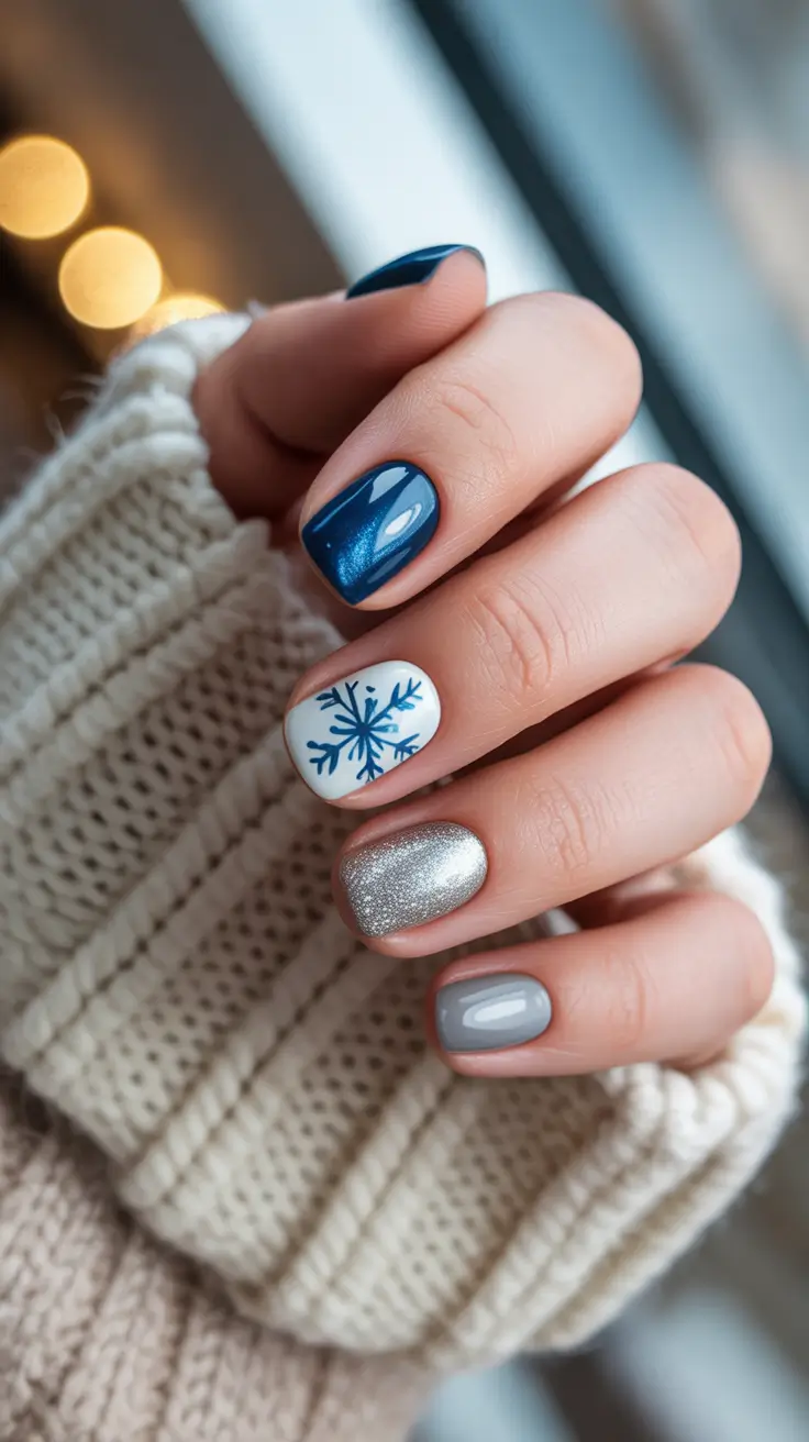Winter Acrylic Nails 2025–2026 Nordic Blue Snowflake