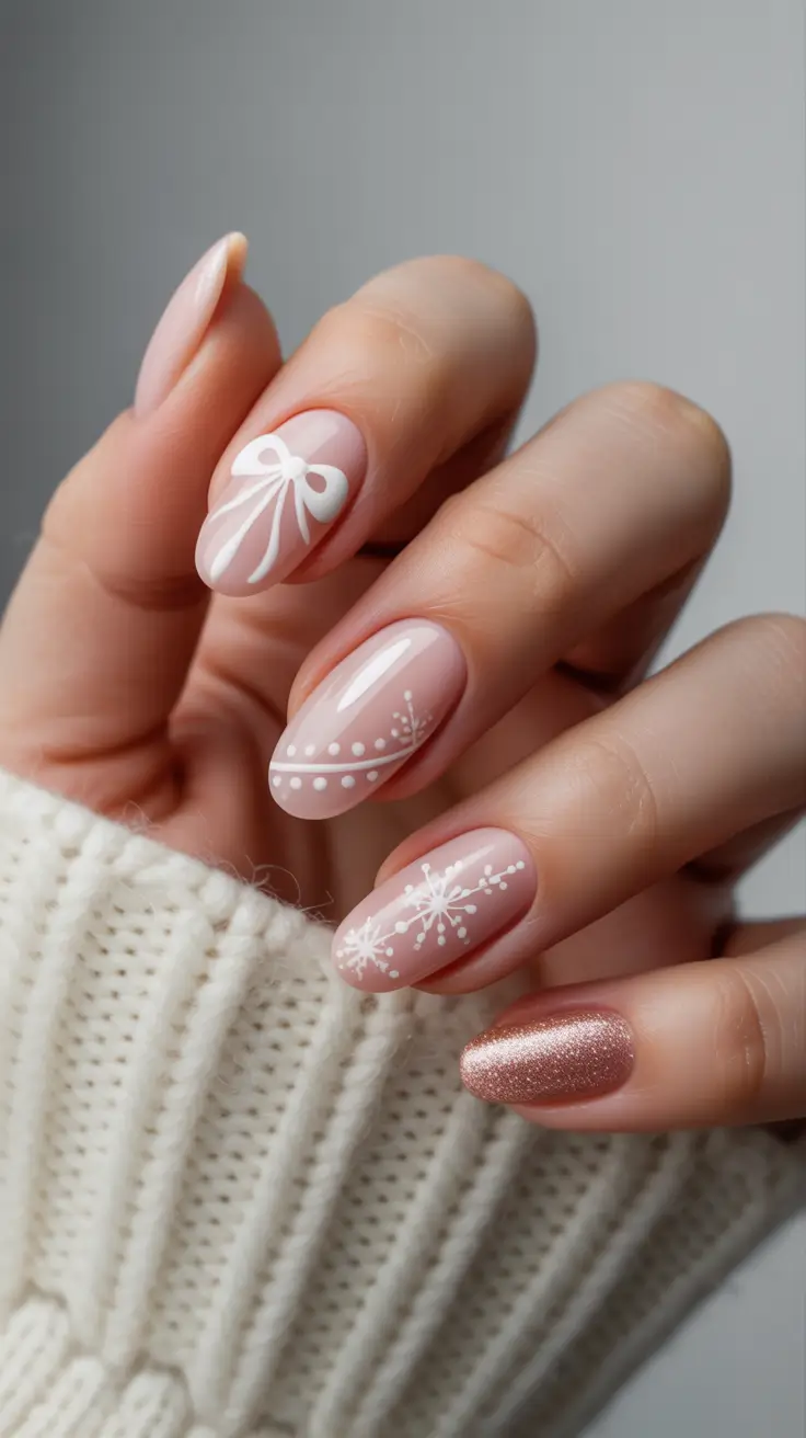 Winter Acrylic Nails 2025–2026 Soft Pink Ribbon and Snowflake Charm
