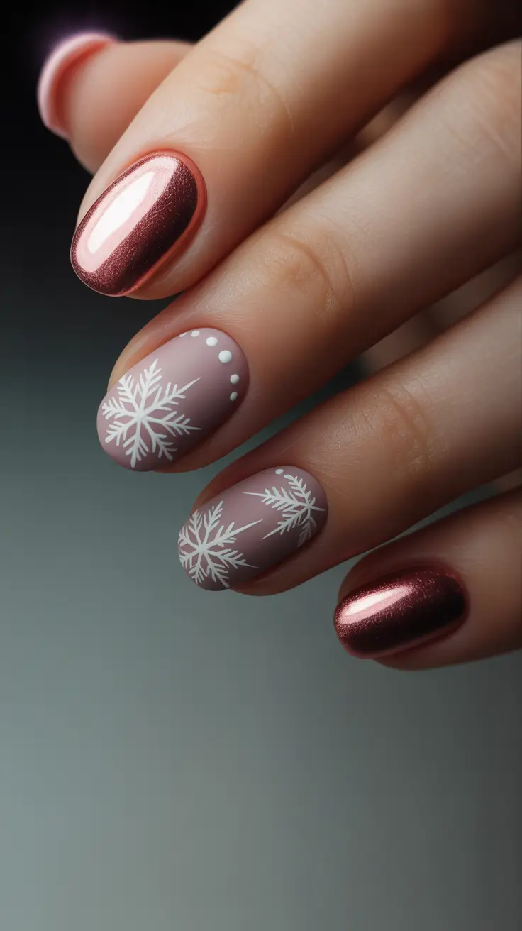 Winter Acrylic Nails 2025–2026 Rose Chrome Snowflakes