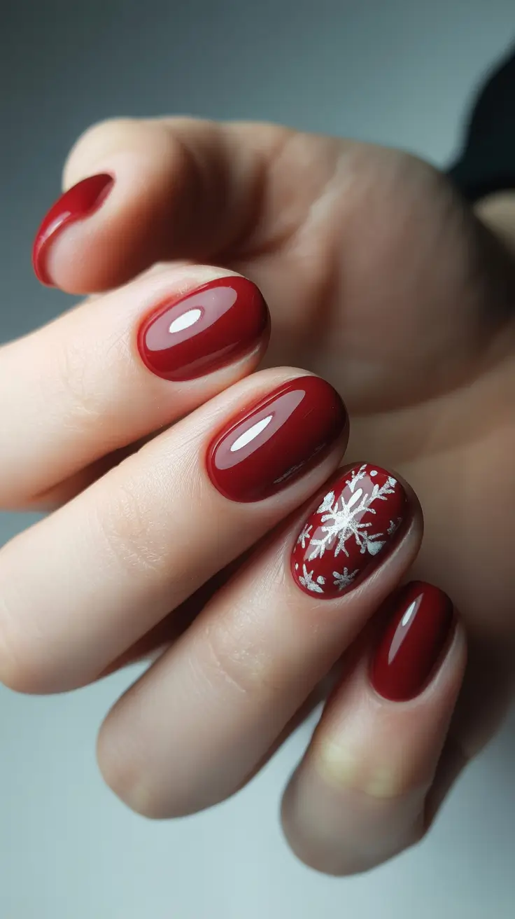 Winter Acrylic Nails 2025–2026 Classic Red with a Snowflake Accent