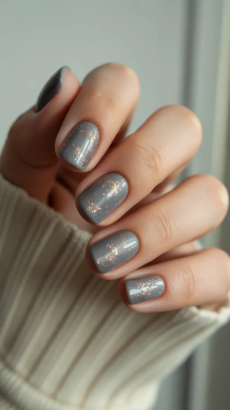 Winter Acrylic Nails 2025–2026 Smoky Gray with Rose Gold Flecks
