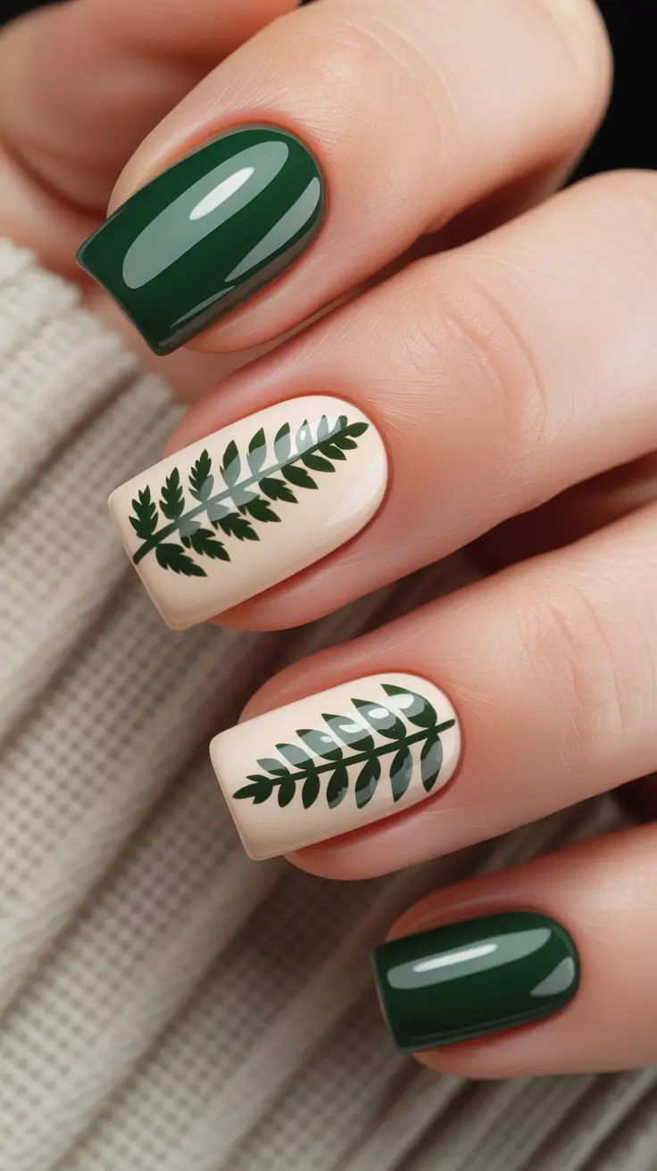 Winter Acrylic Nails 2025–2026 Botanical Chic in Green and Cream