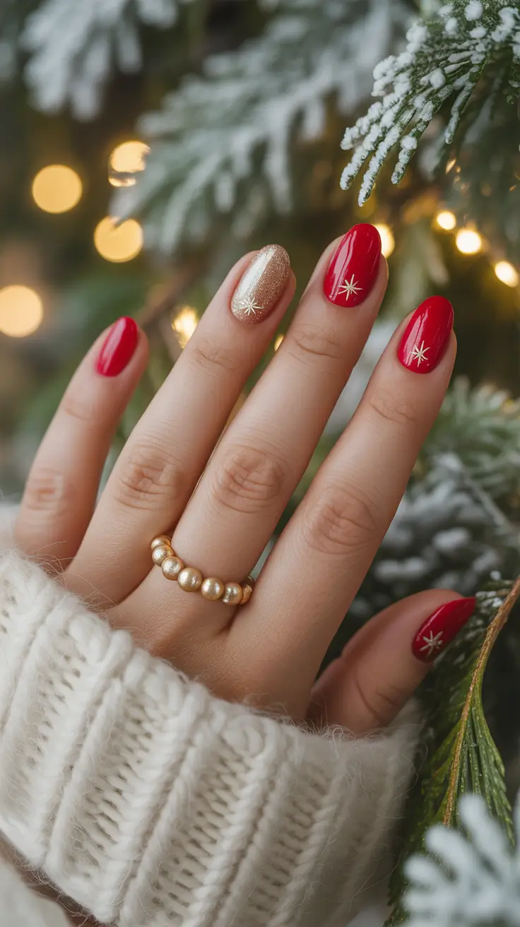 Winter Acrylic Nails 2025–2026 Festive Red and Gold Sparkle