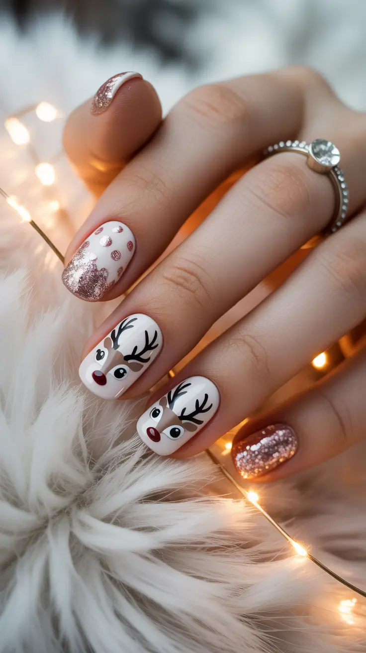 Winter Acrylic Nails 2025–2026 Playful Reindeer and Glitter Mix