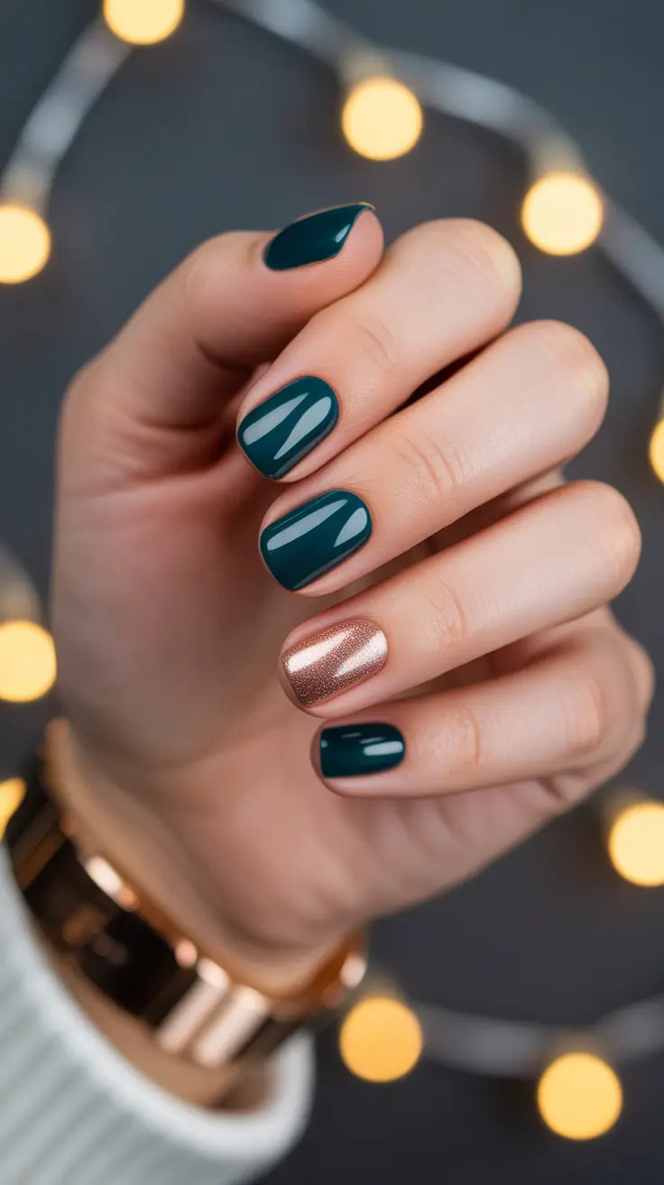 Winter Acrylic Nails 2025–2026 Emerald and Rose Gold Duo
