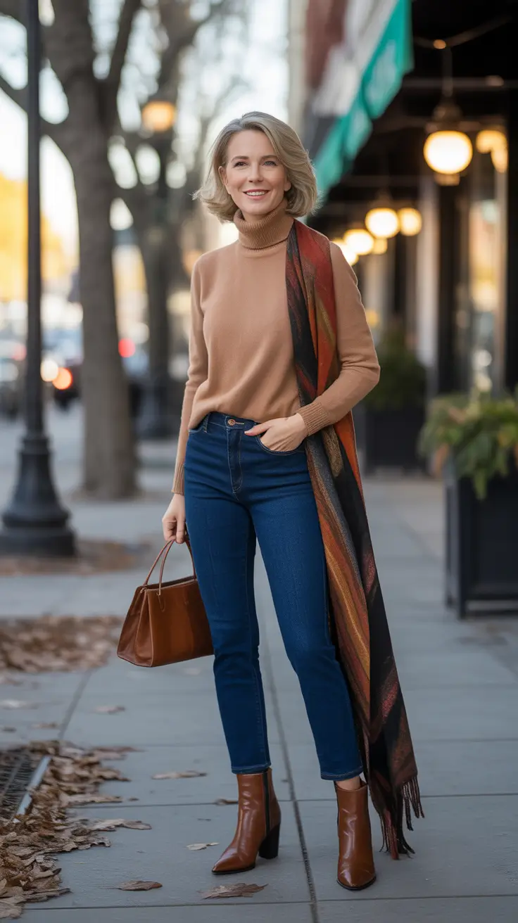 Outfits for Women Over 40 Winter 2025-2026 Refined Warmth in Camel and Denim