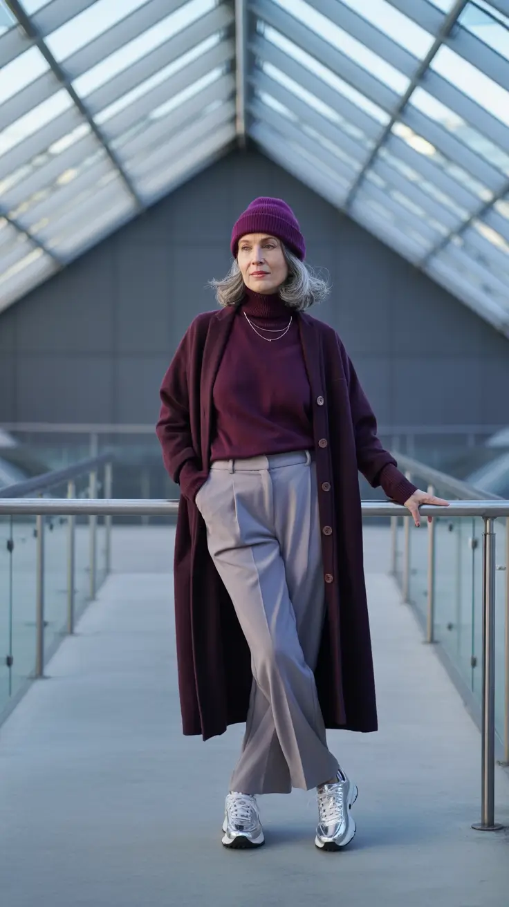 Outfits for Women Over 50 – Deep Plum Layers with Effortless Confidence
