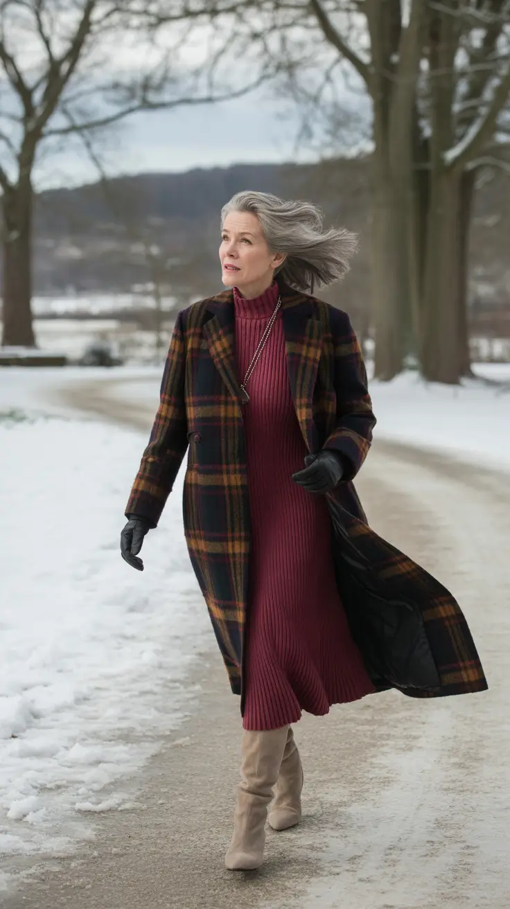 Outfits for Women Over 50 – Wine Red Elegance with a Plaid Touch