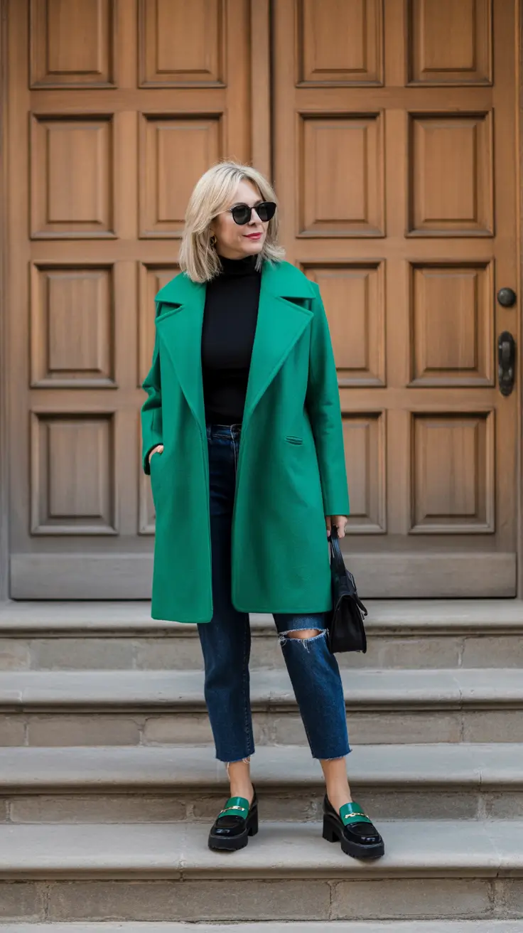 Outfits for Women Over 50 – Green Statement Coat for Bold Winter Energy