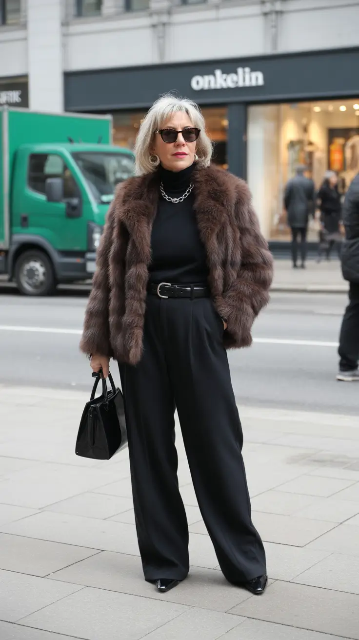 Outfits for Women Over 50 – City Glamour with a Faux-Fur Finish