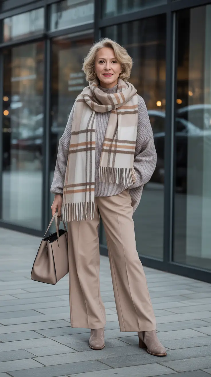 Outfits for Women Over 50 – Beige Harmony with Statement Scarf