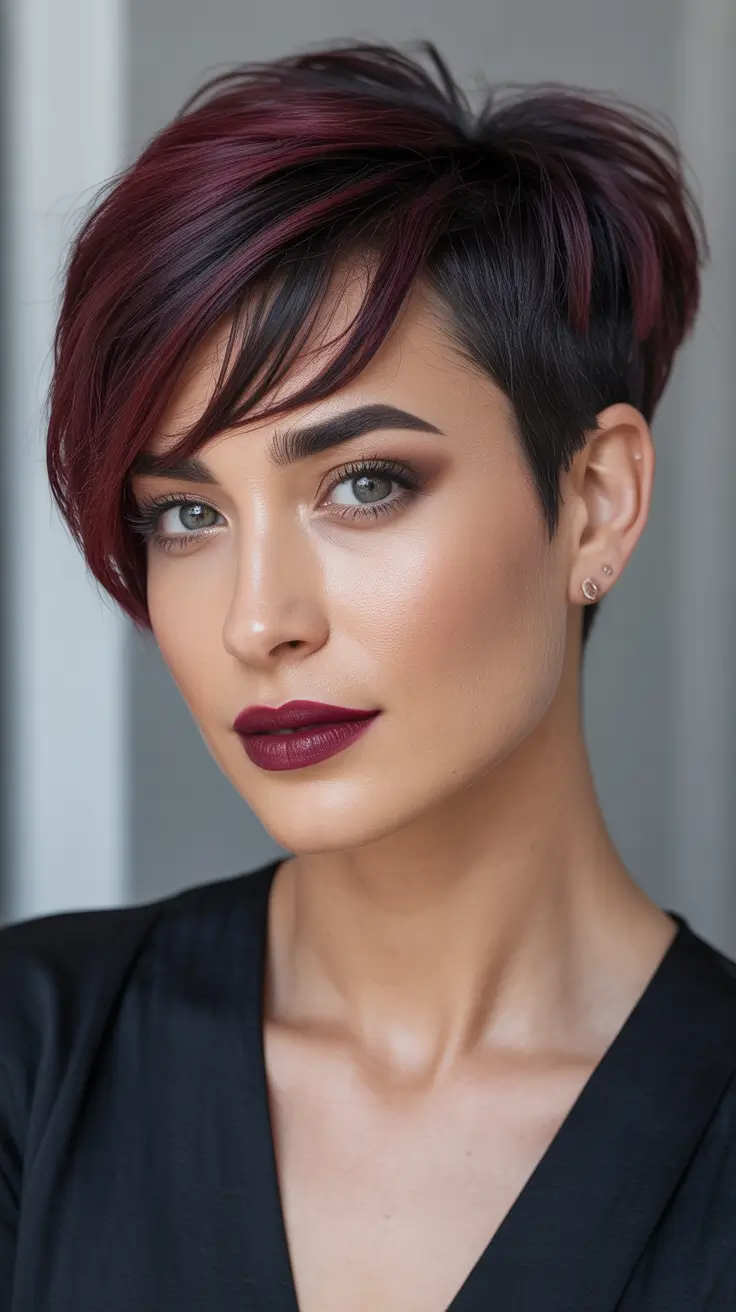 Pixie Haircuts Ideas for Winter 2025–2026 Dark Cherry Pixie with a Bold Personality