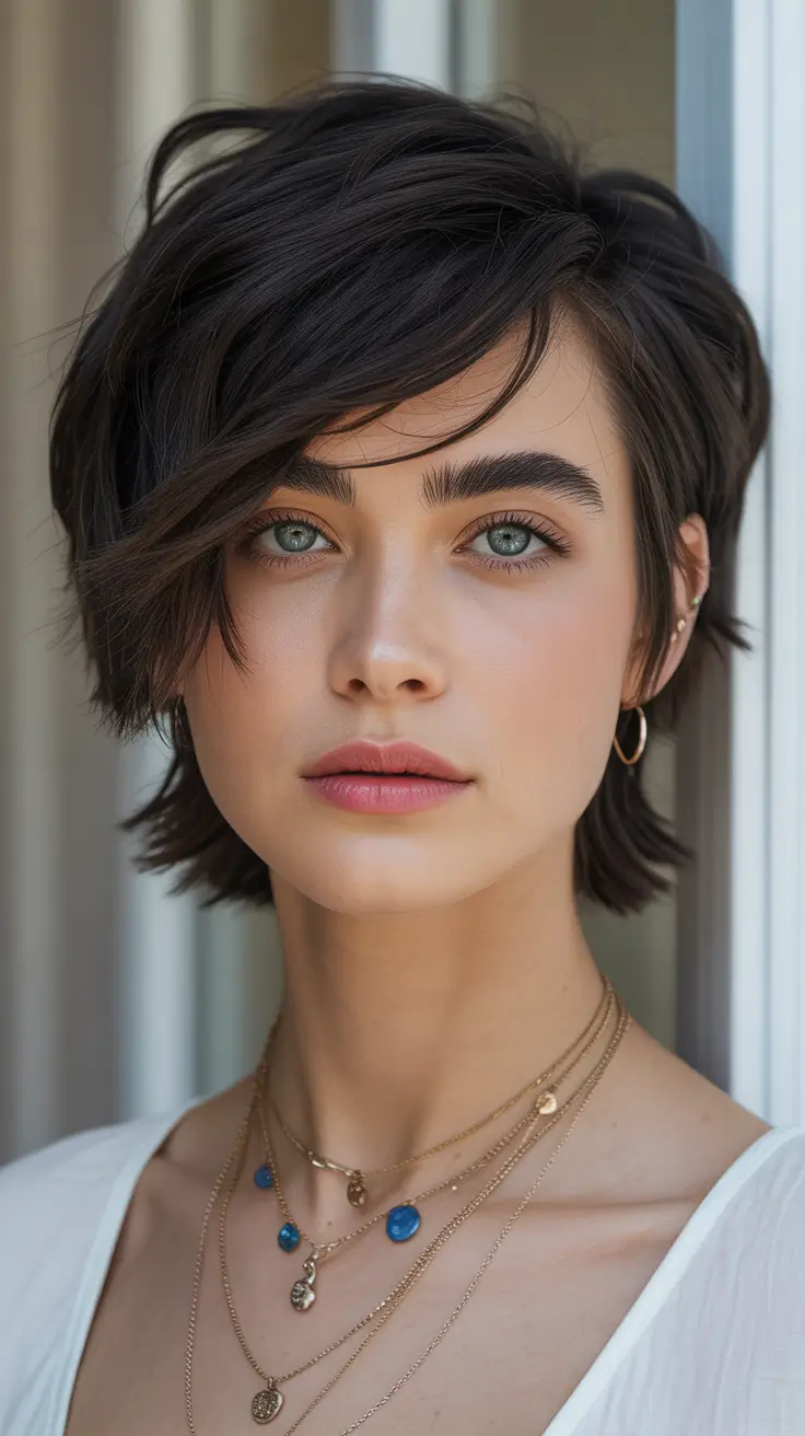 Pixie Haircuts Ideas for Winter 2025–2026 Layered Brunette Pixie with Effortless Texture
