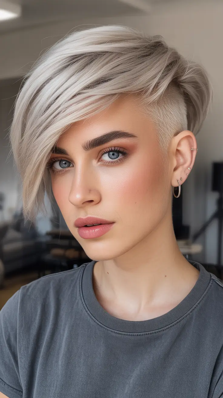 Pixie Haircuts Ideas for Winter 2025–2026 Platinum Undercut Pixie with Attitude