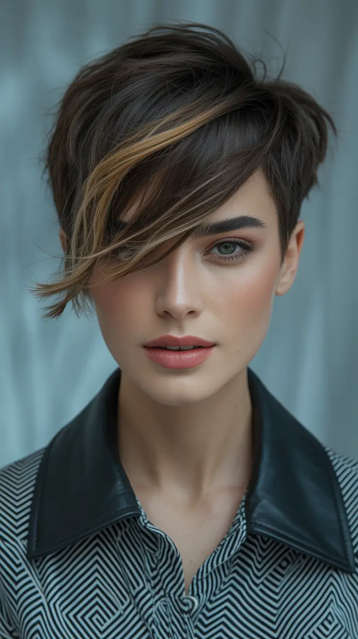 Pixie Haircuts Ideas for Winter 2025–2026 Chestnut Pixie with Blonde Peekaboo Highlights