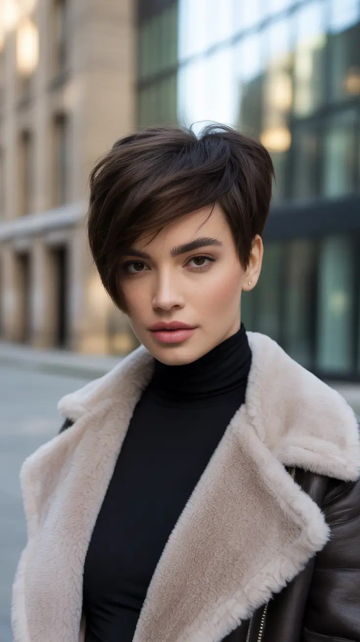 Pixie Haircuts Ideas for Winter 2025–2026 Polished Dark Pixie with Sleek Contour