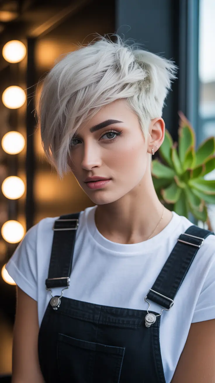 Pixie Haircuts Ideas for Winter 2025–2026 Platinum Pixie with Long Bangs and Tapered Sides