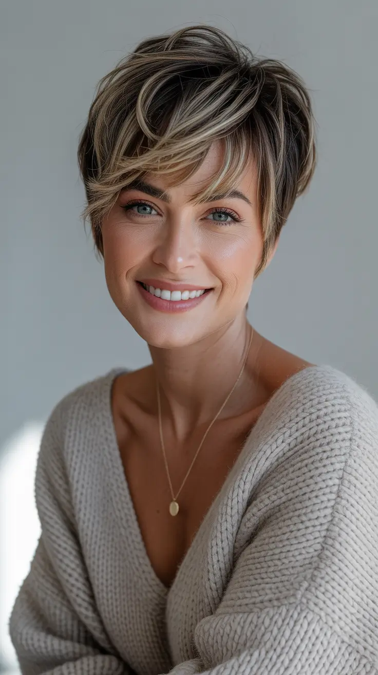 Pixie Haircuts Ideas for Winter 2025–2026 Soft Golden Pixie with Feathered Bangs