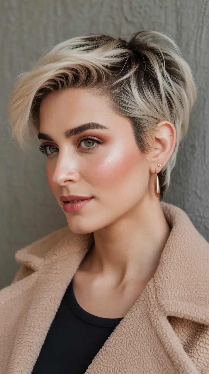 Pixie Haircuts Ideas for Winter 2025–2026 Champagne Blonde Pixie with Layered Shine