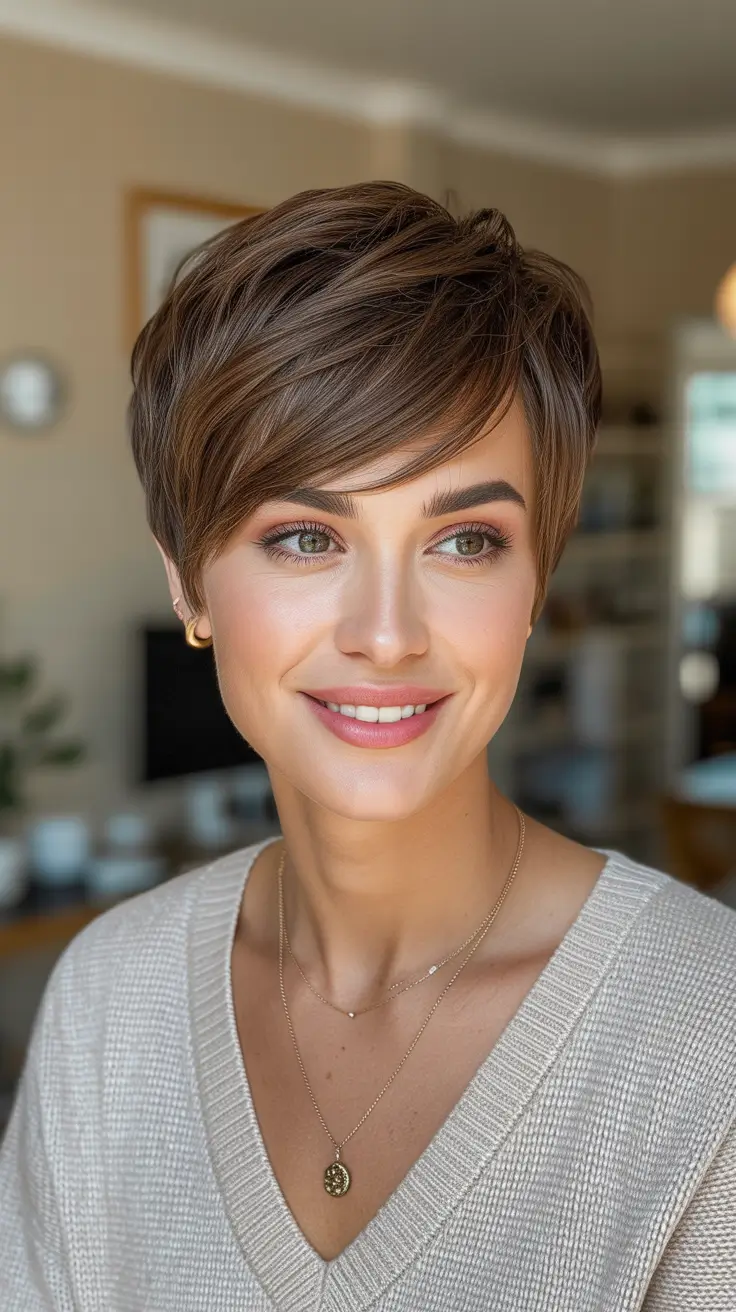 Pixie Haircuts Ideas for Winter 2025–2026 Cocoa Brown Pixie with Soft Elegance