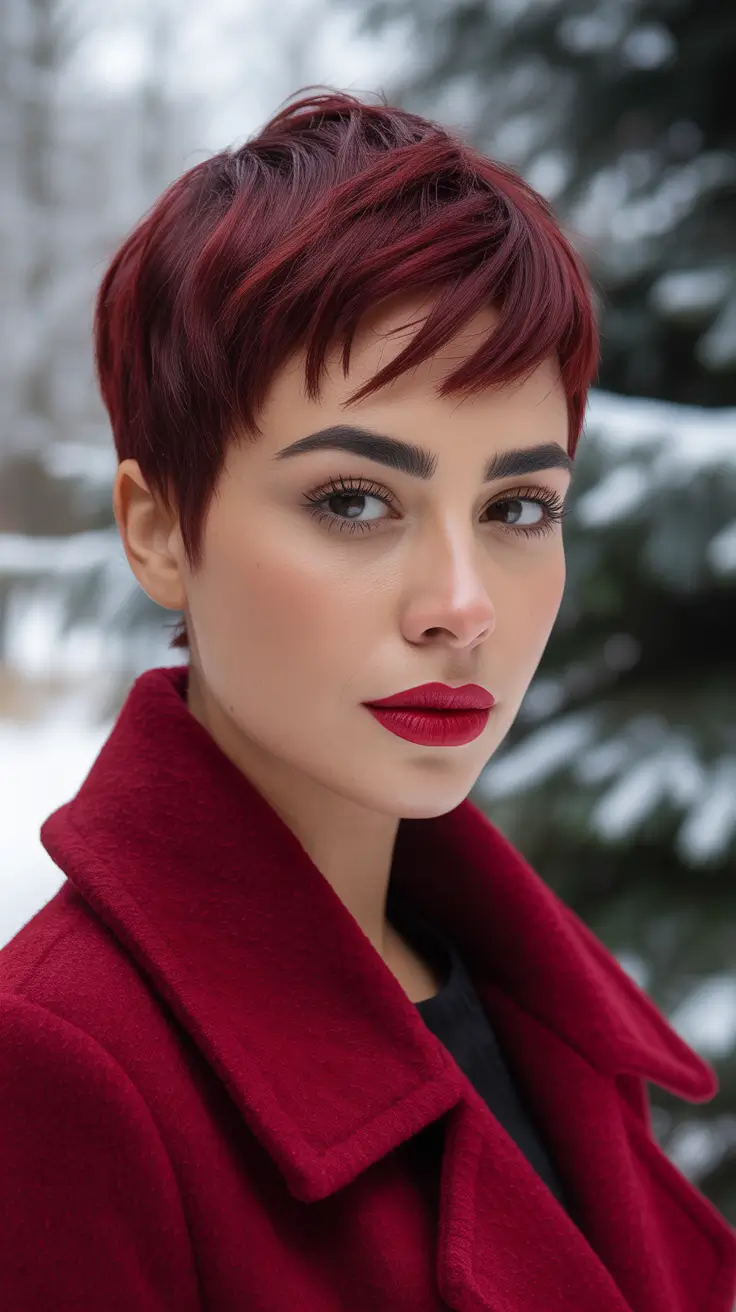 Pixie Haircuts Ideas for Winter 2025–2026 Deep Burgundy Pixie with Sleek Finish