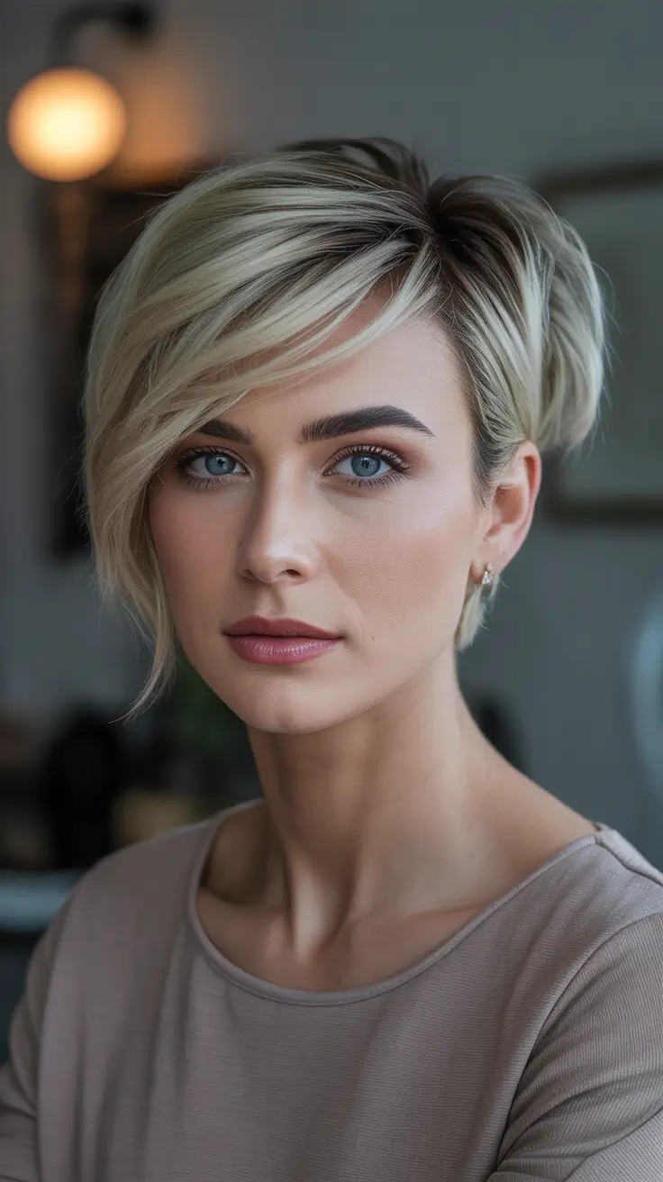 Pixie Haircuts Ideas for Winter 2025–2026 Asymmetrical Blonde Pixie with Side Sweep