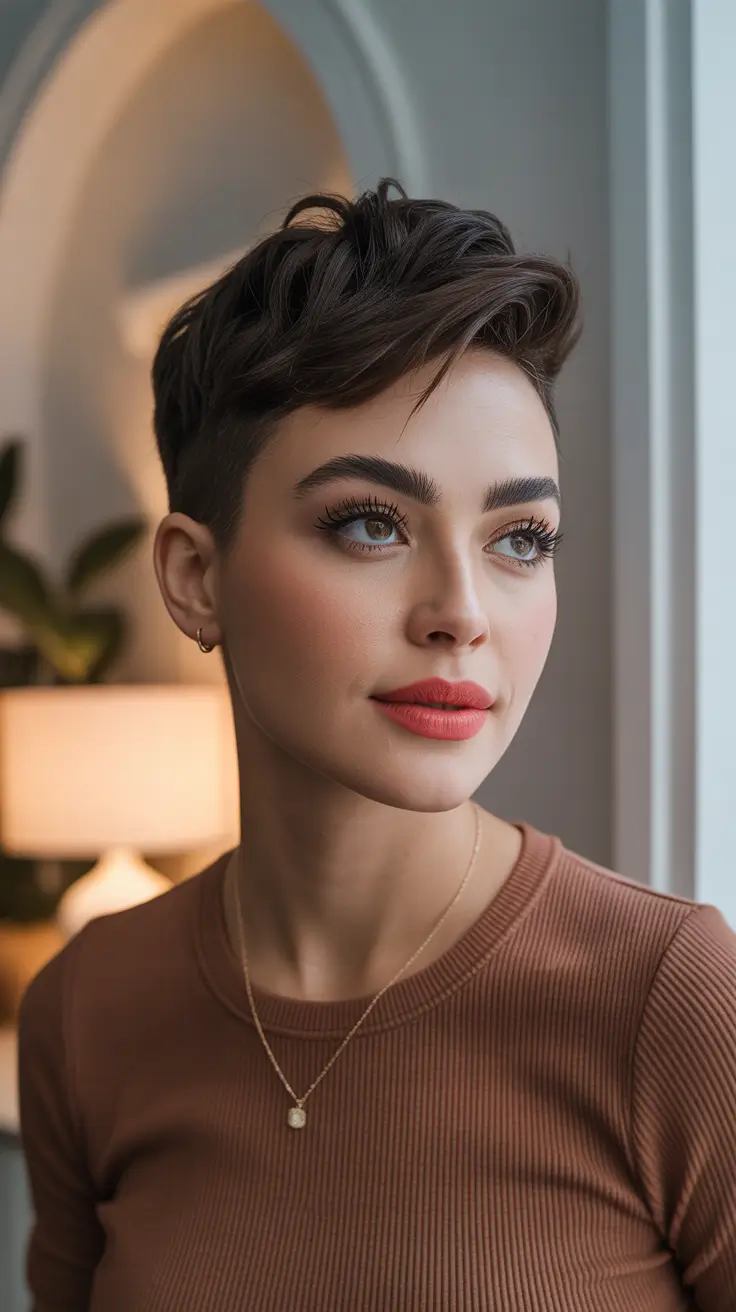 Pixie Haircuts Ideas for Winter 2025–2026 Textured Chocolate Pixie with Volume Lift