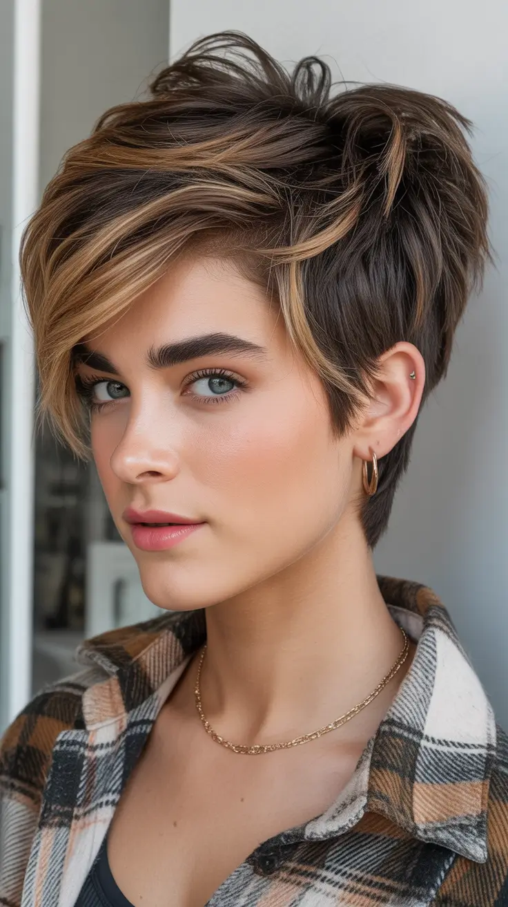 Pixie Haircuts Ideas for Winter 2025–2026 Golden Bronde Pixie with Tousled Layers