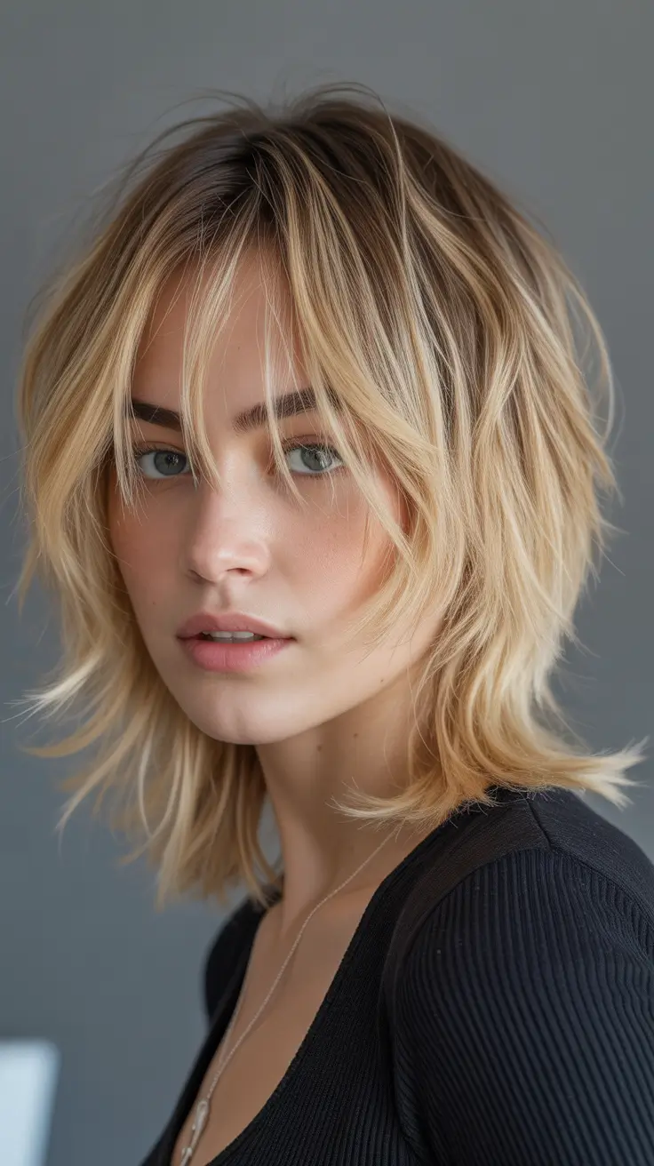 Short Haircuts for Winter 2025-2026 Layered Blonde Shag with Wispy Bangs