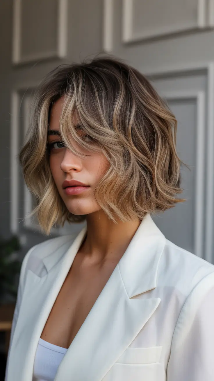Short Haircuts for Winter 2025-2026 Soft Wavy Bob with Cool-Toned Highlights