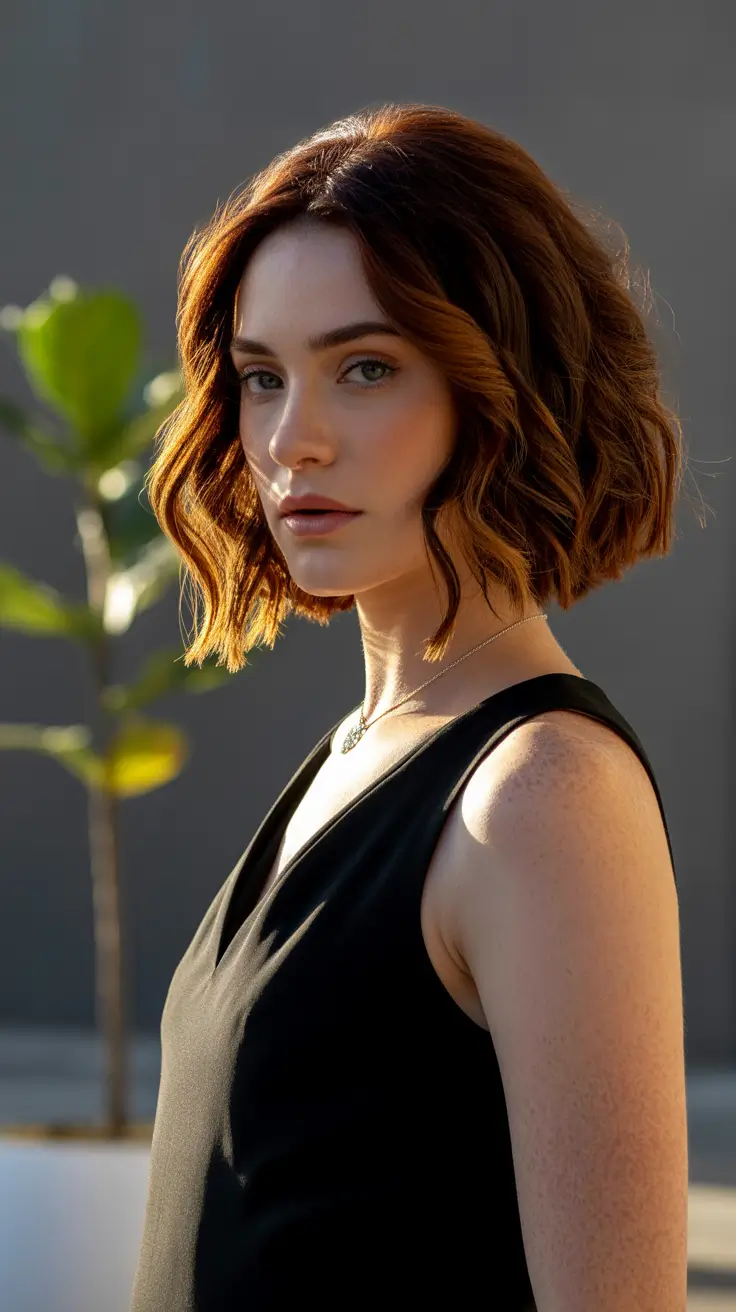 Short Haircuts for Winter 2025-2026 Chestnut Wavy Bob with Deep Shine