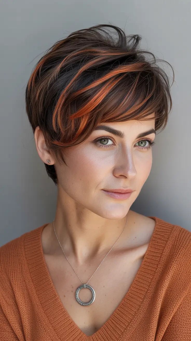 Short Haircuts for Winter 2025-2026 Textured Pixie with Copper Accents