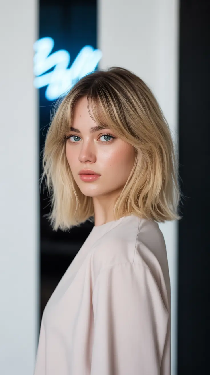 Short Haircuts for Winter 2025-2026 Classic Blonde Lob with Curtain Bangs
