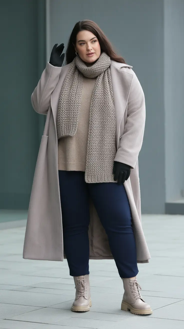 Stylish Plus Size Outfits Winter 2025-2026 Winter Serenity in Taupe and Navy