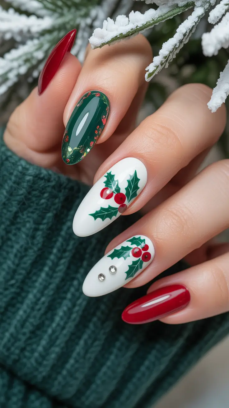 Trendy Almond Nail Shapes Winter 2025-2026 Holly Berry Charm