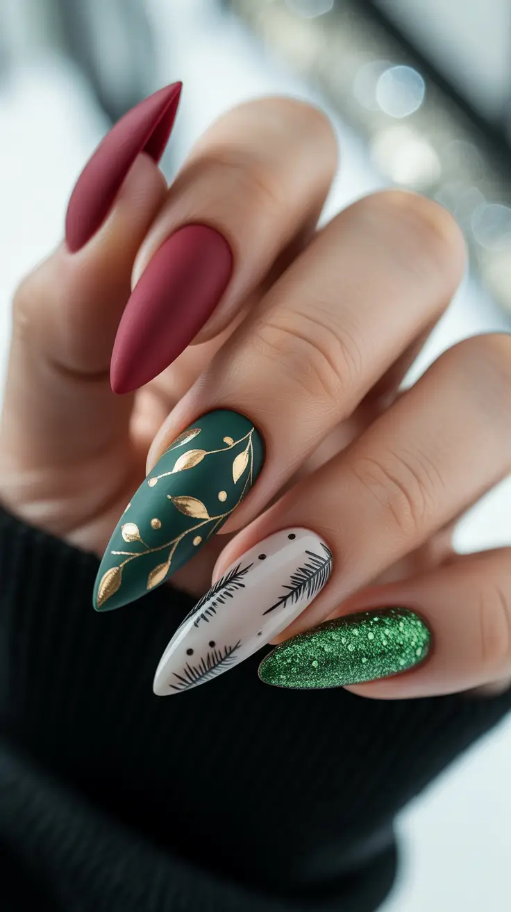 Trendy Almond Nail Shapes Winter 2025-2026 Festive Evergreen Glam