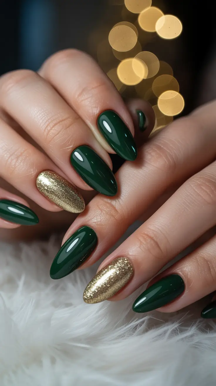 Trendy Almond Nail Shapes Winter 2025-2026 Emerald & Gold Luxe