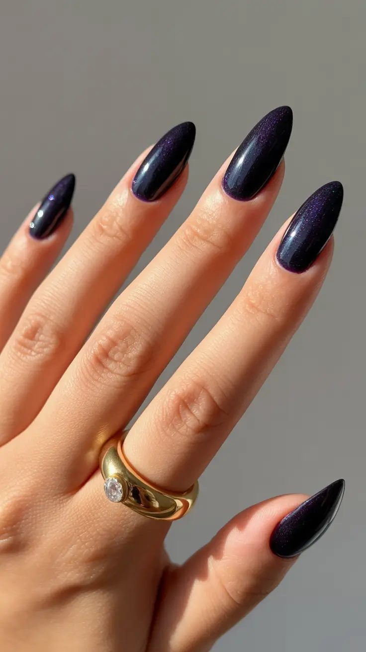 Trendy Almond Nail Shapes Winter 2025-2026 Galaxy Noir