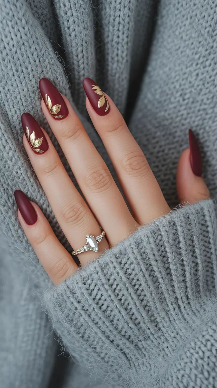 Trendy Almond Nail Shapes Winter 2025-2026 Matte Merlot with Gold Leaf