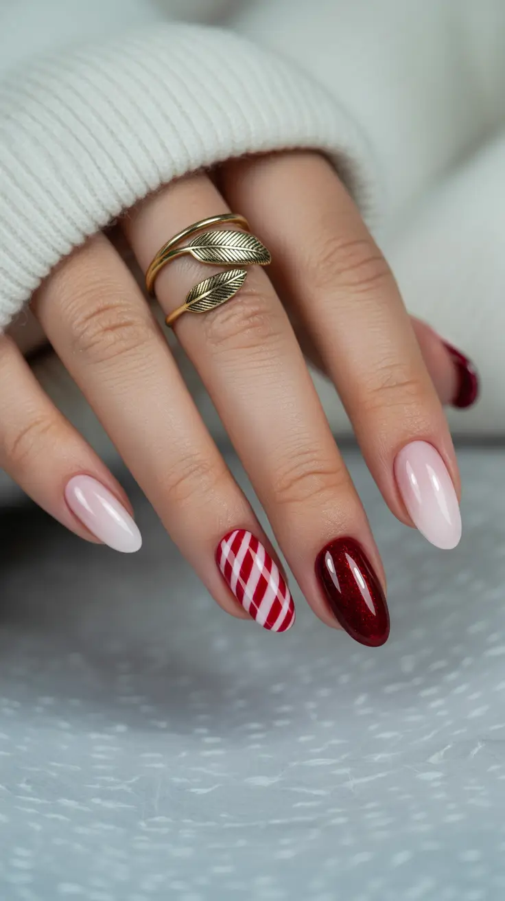 Trendy Almond Nail Shapes Winter 2025-2026 Candy Cane Sparkle
