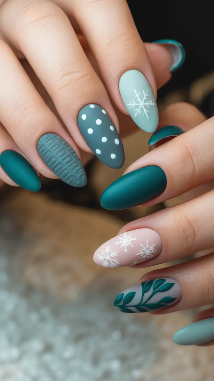 Trendy Almond Nail Shapes Winter 2025-2026 Frosted Forest Whimsy