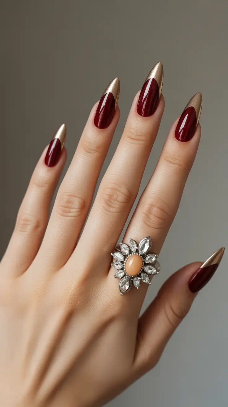 Trendy Almond Nail Shapes Winter 2025-2026 Golden Wine Elegance