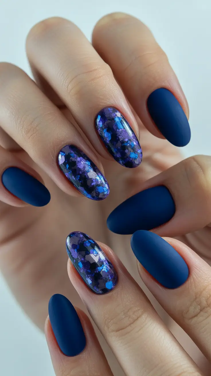 Trendy Almond Nail Shapes Winter 2025-2026 Midnight Blue Magic